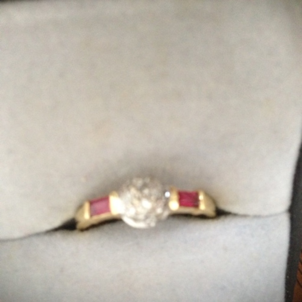 14kt gold ring, baget rubies, zirconia chip center